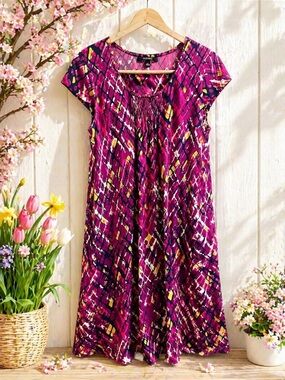 CHADWICKS Magenta & Yellow Patterned Short-Sleeve Midi Dress